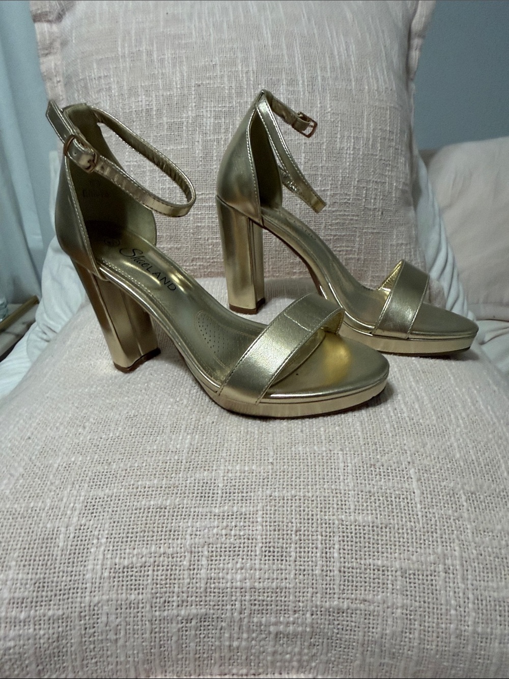 Gold Block Heel Ankle-Strap Sandals